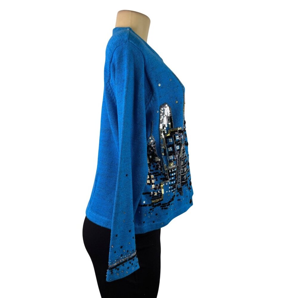 Design Options Womens Blue Button-Up Sequin Cardigan Skyline Embellished Sz L - Picture 4 of 10
